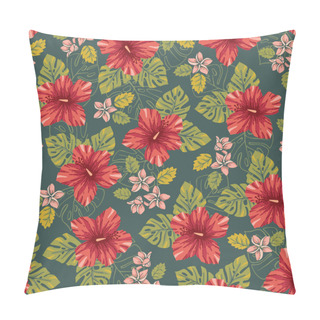 Personality  Retro Bold Colorful Tropical Exotic Foliage, Hibiscus Floral Vector Seamless Pattern. Vintage Lush Tropical Palm Leaves Pillow Covers