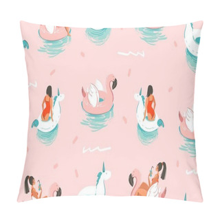 Personality  Hand Drawn Vector Stock Abstract Cute Summer Time Cartoon Illustrations Seamless Pattern With Unicornand Flamingo Rubbers Rings And Dolphins Isolated On Pink Background Pillow Covers