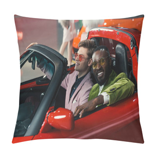 Personality  Smiling Stylish Multiethnic Men Sitting In New Car At Showroom Pillow Covers