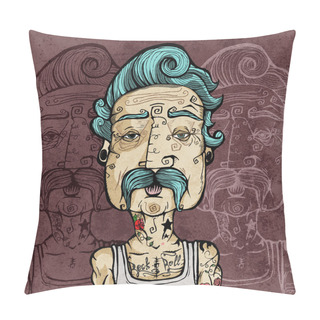Personality  Portrait Of A Man With Mustache And Tattoos. Vector Illustration. Pillow Covers