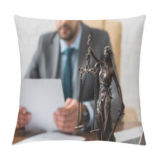 Personality  Close-up View Of Lady Justice Statue And Lawyer Working Working With Papers Behind  Pillow Covers