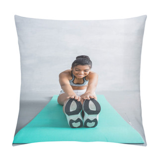 Personality  Smiling African American Sportswoman Doing Seated Forward Bend Exercise At Home Pillow Covers