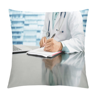 Personality  Male Pharmacist Sitting At Table And Writing On A Document Report In Pharmacy Office. Medical Healthcare Staff And Pharmaceutical Service. Pillow Covers