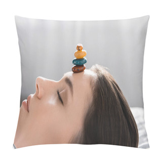 Personality  Woman Lying With Closed Eyes With Colorful Stones On Forehead Pillow Covers