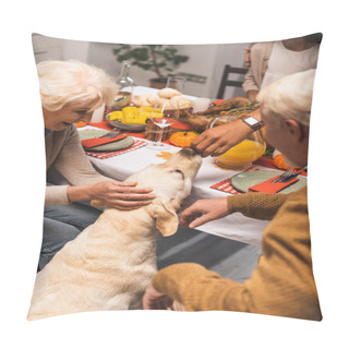 Personality  Selective Focus Of Multiethnic Family Stroking Golden Retriever During Thanksgiving Dinner Pillow Covers