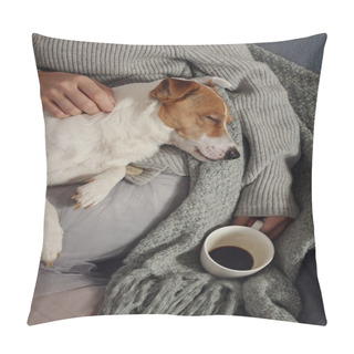Personality  Woman In Cozy Home Clothes Relaxing At Home With Sleeping Dog Jack Russel Terrier, Drinking Coffee, Comfy Lifestyle. Pillow Covers