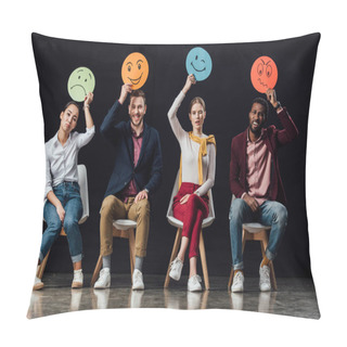 Personality  Multiethnic People Sitting On Chairs And Holding Face Cards With Various Emotions Isolated On Black Pillow Covers