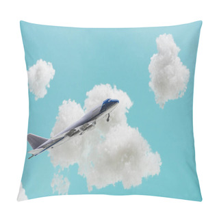 Personality  Toy Plane Flying Among White Fluffy Clouds Made Of Cotton Wool Isolated On Blue Pillow Covers