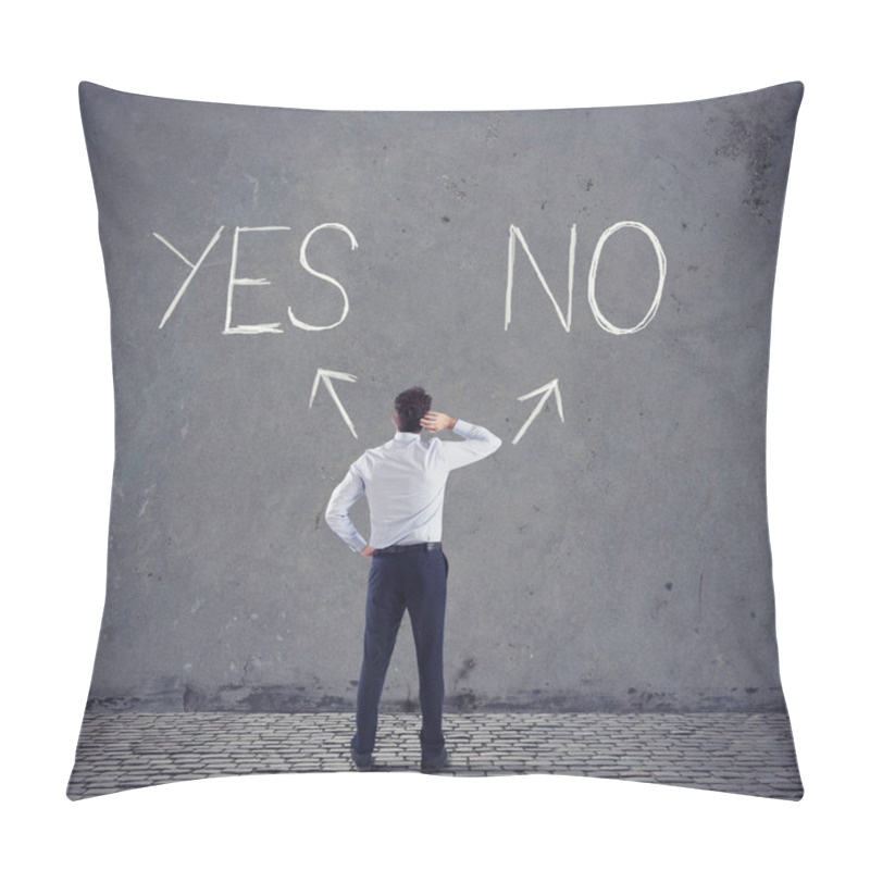 Personality  Businessman In Front Of A Choice With Arrows In Opposite Directions Pillow Covers