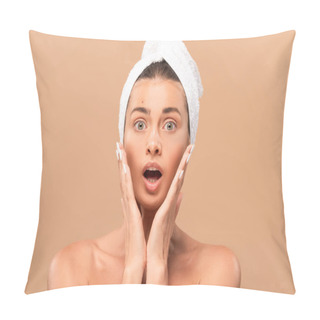 Personality  Shocked Naked Woman Touching Face Isolated On Beige  Pillow Covers
