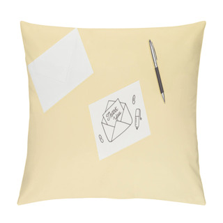 Personality  White Card With Thank You Lettering Sticking Out Of Hand Drawn Envelope And Pen Isolated On Yellow Background Pillow Covers