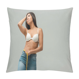 Personality  Sad And Overweight African American Girl In Jeans And Bra Measuring Waist Isolated On Grey Pillow Covers