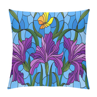 Personality  Illustration In Stained Glass Style With A Bouquet Of Purple Irises And Yellow Butterflies On A Blue Background Pillow Covers