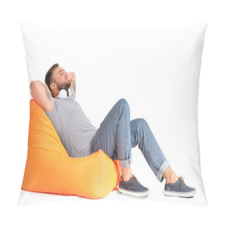 Personality  Handsome Young Man Relaxing On Beanbag Against White Background Pillow Covers