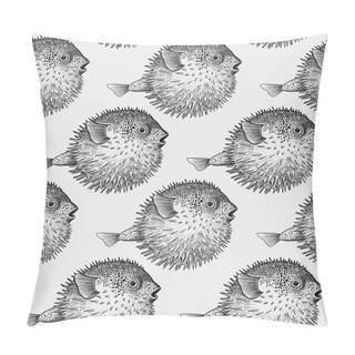 Personality  Seamless Vector Pattern With Fish Hedgehog Under Water. Sea Bottom And Animals. Vintage Engraving Art. Hand Drawing Sketch. Kitchen Design With Seafood For Paper, Fabrics, Wallpaper. Black And White Pillow Covers