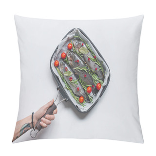 Personality  Cropped Image Woman Holding Tray With Fish With Rosemary, Bay Leaves And Cherry Tomatoes Over White Table Pillow Covers
