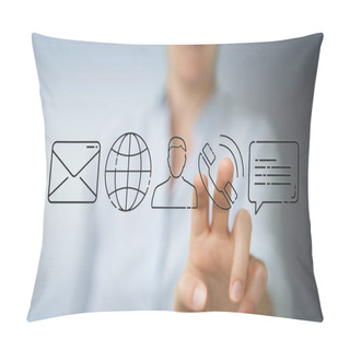 Personality  Businesswoman On Blurred Background Using Thin Line Contact Icon Pillow Covers