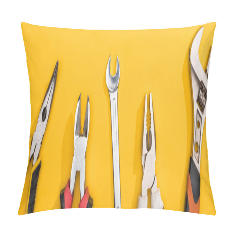Personality  Top View Of Wrenches And Pliers On Yellow Background, Panoramic Shot Pillow Covers