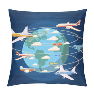 Personality  Airplanes Around The World Concept, Cartoon Style Pillow Covers
