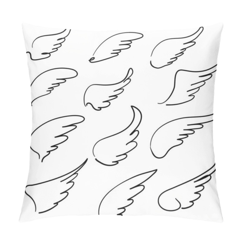 Personality  doodle hand drawn Sketch angel wings. Angel feather wing, bird tattoo silhouette. Linear fly winged angels, flying heaven cartoon vector icons pillow covers
