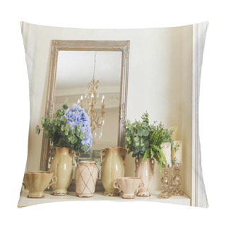 Personality  Mirror, Beige Set With And Flowers On Shelf  Pillow Covers