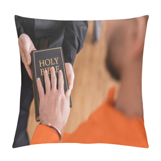 Personality  Partial View Of Accused Man Giving Swear On Bible Near Bailiff In Court Pillow Covers