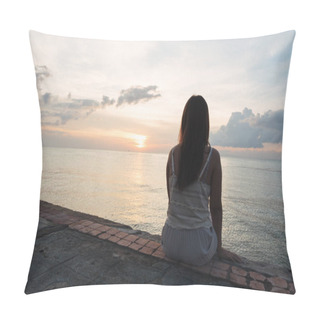 Personality  Silhouette Of Young Woman Sitting Alone On Back Side Outdoor At Tropical Island Beach Missing Boyfriend And Family In Summer Sunset. Sad And Lonely Concept In Dark And Vintage Tone. Pillow Covers