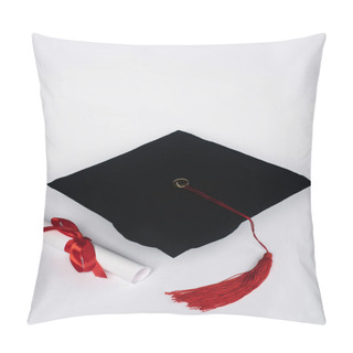 Personality  Black Graduation Cap With Red Tassel And Diploma On White Background Pillow Covers