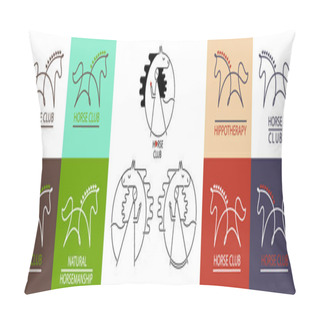 Personality  Logo Set With Horse In Many Variations: White, Brown, Green, Red And Violet Background. Creative Minimalistic Line Art Style. Horse's Mane With Hearts. Design For Horse Or Ridding Club, Hippotherapy Pillow Covers