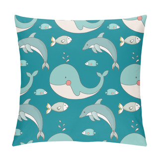 Personality  Watercolor Doodle Fishes Seamless Pattern On Cyan Blue Background For Fabric, Paper, Scrapbooking, Wrapping Pillow Covers