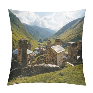 Personality  View Of Grassy Field With Old Weathered Rural Buildings And Hills On Background, Ushguli, Svaneti, Georgia  Pillow Covers