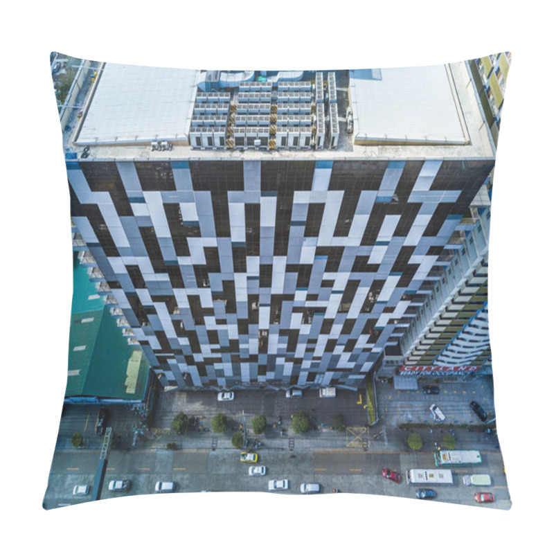 Personality  Quezon City, Metro Manila, Philippines - March 2020: Aerial Of A Modern BPO Office Building In Front Of A Busy EDSA. HVAC Visible On Roof Deck. Pillow Covers