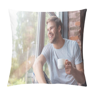 Personality  Smiling Man Looking In Windows And Sitting With Cup Of Coffee On Windowsill  Pillow Covers