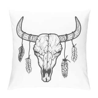 Personality  Bull Skull With Feathers Native Americans Tribal Style. Tattoo Blackwork. Vector Hand Drawn Illustration. Boho Design Pillow Covers
