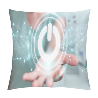 Personality  Businesswoman On Blurred Background Using 3D Render Power Button With Connections Pillow Covers