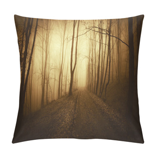 Personality  Road Trough A Dark Enchanted Forest With Fog In Autumn At Sunset Pillow Covers