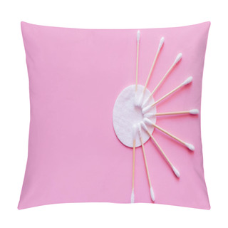 Personality  Top View Of Hygienic Ear Sticks Near White Cotton Pad On Pink Background Pillow Covers