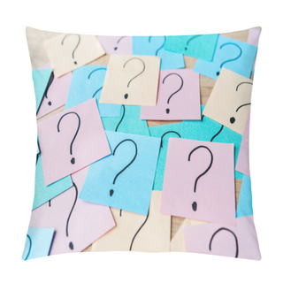 Personality  Selective Focus Of Question Marks On Colorful Sticky Notes  Pillow Covers