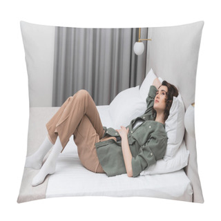 Personality  Full Length Of Dreamy And Carefree Woman With Wavy Brunette Hair Laying On Bed In Casual Clothes Near White Pillows, Wall Sconces And Grey Curtains In Cozy Atmosphere Of Modern Hotel Room Pillow Covers