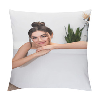 Personality  Happy Young Woman With Hair Bun Looking At Camera In Bathtub  Pillow Covers