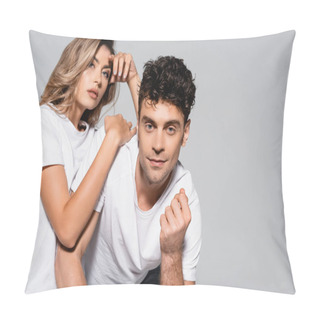 Personality  Young Couple In White T-shirts Hugging Isolated On Grey Pillow Covers