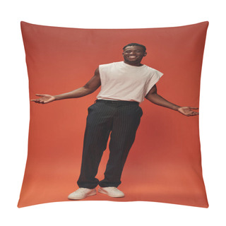 Personality  Happy African American Man In Trendy Casual Clothes Showing Welcoming Gesture With Open Arms On Red Pillow Covers