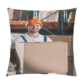 Personality  Cheerful Loader Smiling At Camera While Holding Cardboard Box Pillow Covers