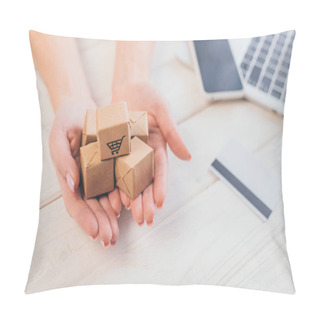 Personality  Cropped View Of Woman Holding Small Paper Boxes In Hands Pillow Covers