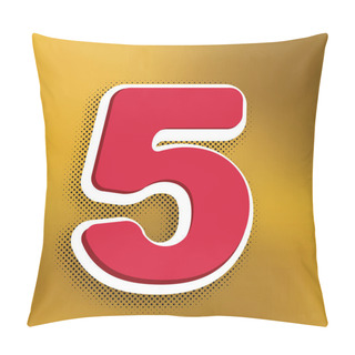 Personality  Number 5 Sign Design Template Element. Vector. Magenta Icon With Darker Shadow, White Sticker And Black Popart Shadow On Golden Background. Pillow Covers