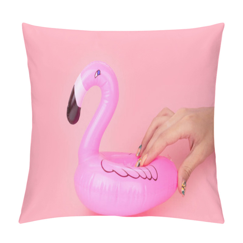 Personality  Mini pink flamingo in woman's hands isolated on pink background. Summer beach composition. Flat lay, copy space. pillow covers