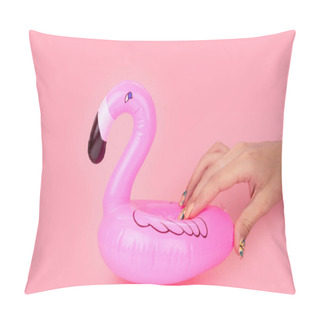 Personality  Mini Pink Flamingo In Woman's Hands Isolated On Pink Background. Summer Beach Composition. Flat Lay, Copy Space. Pillow Covers
