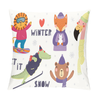 Personality  Big Set With Cute Animals In Winter Playing In Snow, Skiing, Snowboarding With Text Hello Winter, Let It Snow, Scandinavian Style Flat Design, Concept For Children Card. Pillow Covers