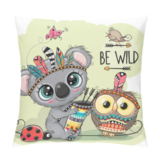 Personality  Cartoon Tribal Koala And Owl With Feathers Pillow Covers