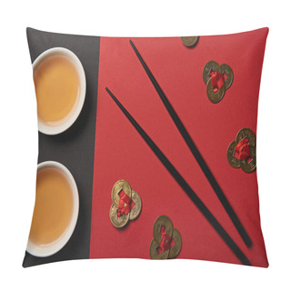 Personality  Top View Of Tea Cups, Feng Shui Coins And Chopsticks On Red And Black Background  Pillow Covers